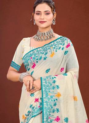 Sangam prints sky blue cotton blend woven work traditional saree 2