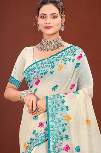 Sangam prints sky blue cotton blend woven work traditional saree
