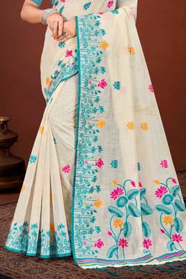 Sangam prints sky blue cotton blend woven work traditional saree 3
