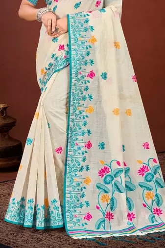 Sangam prints sky blue cotton blend woven work traditional saree
