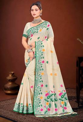 Sangam prints green cotton blend woven work traditional saree 1