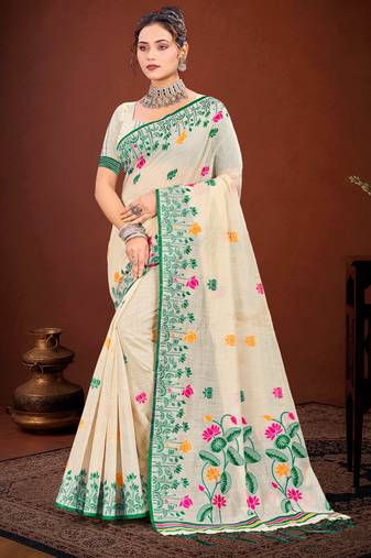Sangam prints green cotton blend woven work traditional saree