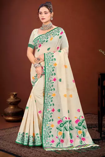Sangam prints green cotton blend woven work traditional saree