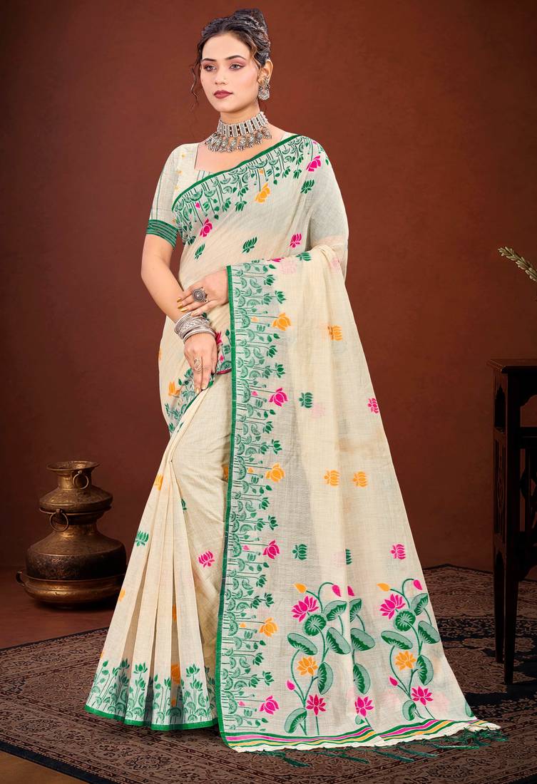 Sangam prints green cotton blend woven work traditional saree