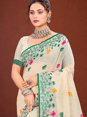 Sangam prints green cotton blend woven work traditional saree 2