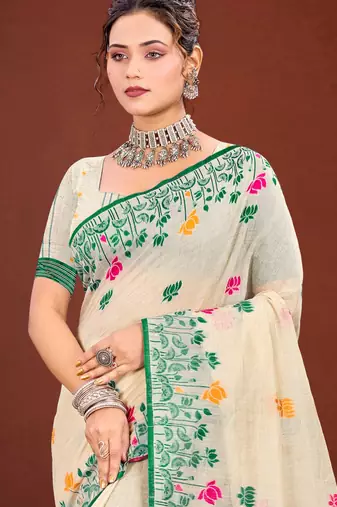 Sangam prints green cotton blend woven work traditional saree