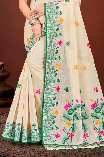 Sangam prints green cotton blend woven work traditional saree