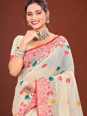 Sangam prints red cotton blend woven work traditional saree 1