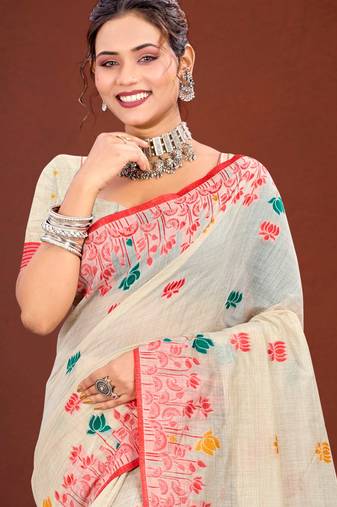 Sangam prints red cotton blend woven work traditional saree