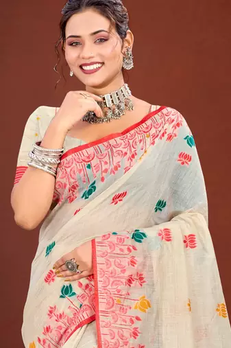 Sangam prints red cotton blend woven work traditional saree