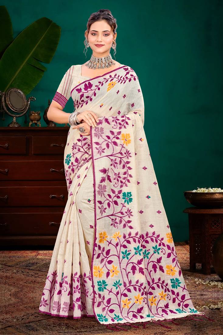 Sangam prints purple cotton blend woven work traditional saree