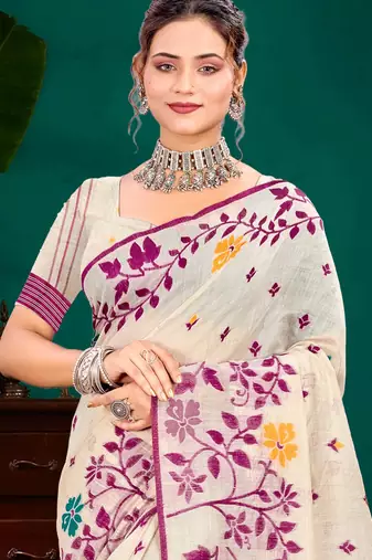 Sangam prints purple cotton blend woven work traditional saree