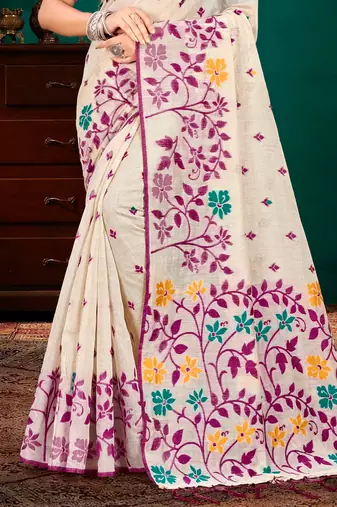 Sangam prints purple cotton blend woven work traditional saree