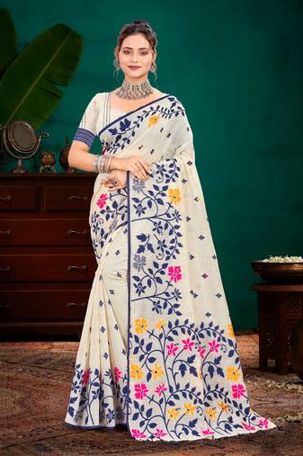 Sangam prints navy blue cotton blend woven work traditional saree