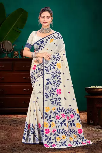 Sangam prints navy blue cotton blend woven work traditional saree