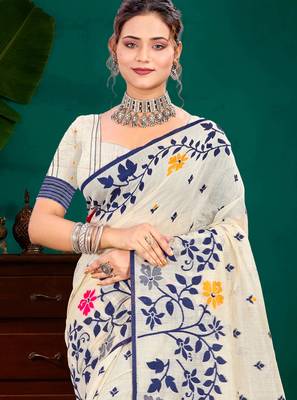 Sangam prints navy blue cotton blend woven work traditional saree 2