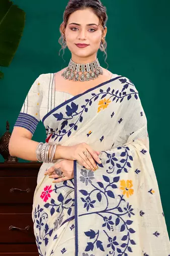 Sangam prints navy blue cotton blend woven work traditional saree