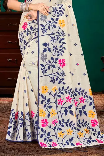 Sangam prints navy blue cotton blend woven work traditional saree