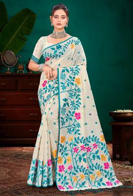 Sangam prints sky blue cotton blend woven work traditional saree 1