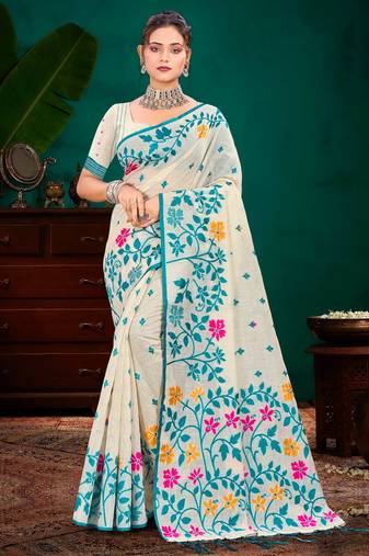 Sangam prints sky blue cotton blend woven work traditional saree
