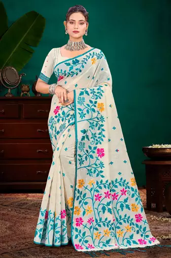 Sangam prints sky blue cotton blend woven work traditional saree