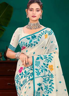 Sangam prints sky blue cotton blend woven work traditional saree 2