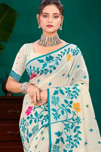 Sangam prints sky blue cotton blend woven work traditional saree