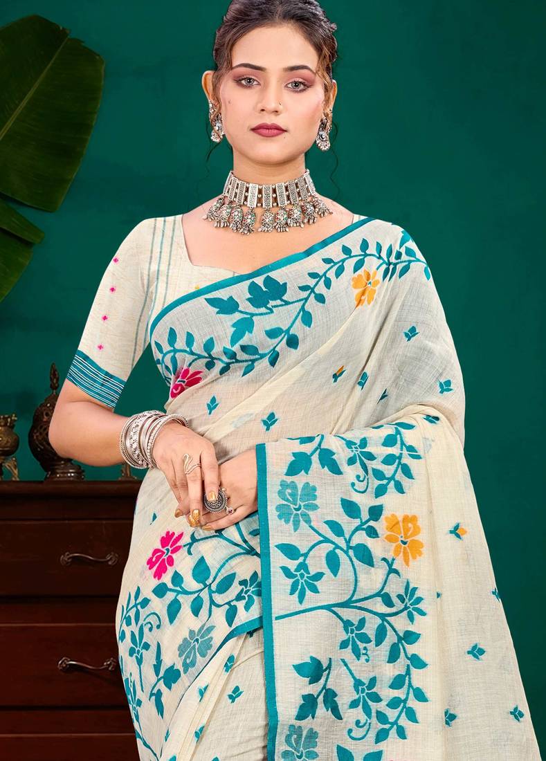 Sangam prints sky blue cotton blend woven work traditional saree