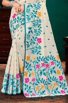 Sangam prints sky blue cotton blend woven work traditional saree 3