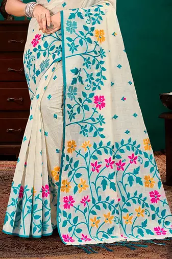 Sangam prints sky blue cotton blend woven work traditional saree