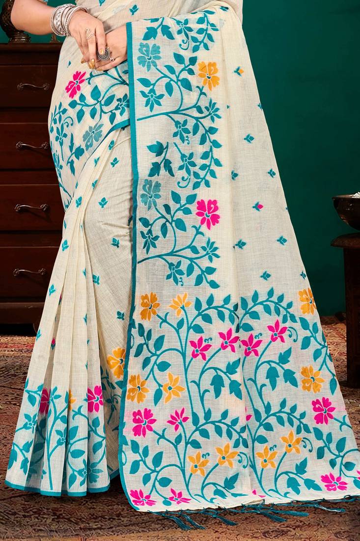 Sangam prints sky blue cotton blend woven work traditional saree