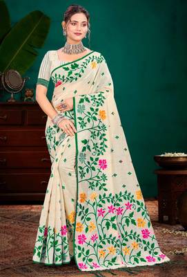 Sangam prints green cotton blend woven work traditional saree 1