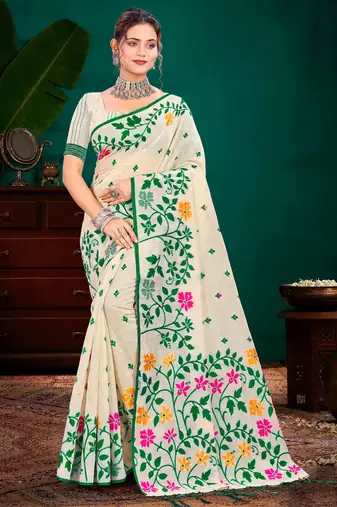 Sangam prints green cotton blend woven work traditional saree