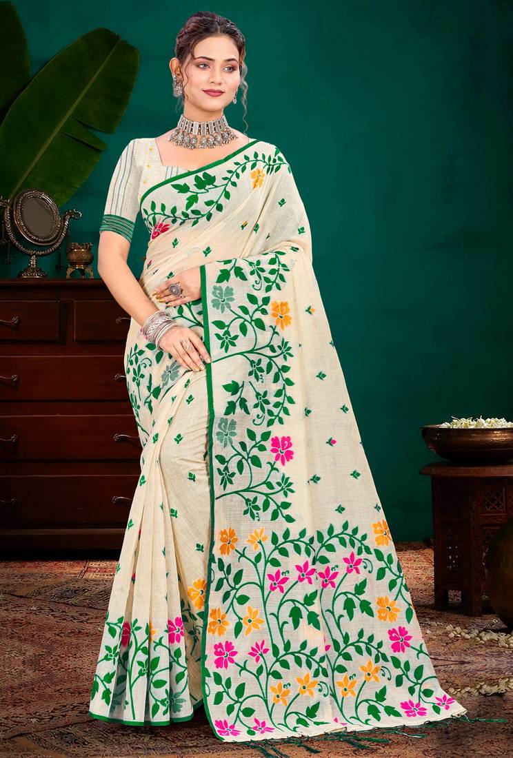 Sangam prints green cotton blend woven work traditional saree