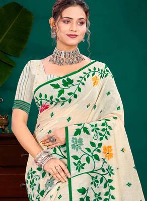Sangam prints green cotton blend woven work traditional saree 2