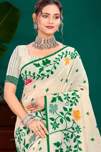 Sangam prints green cotton blend woven work traditional saree