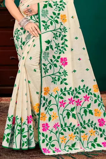 Sangam prints green cotton blend woven work traditional saree