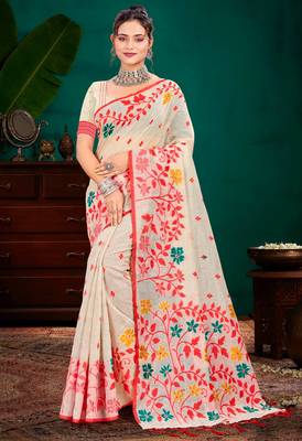 Sangam prints red cotton blend woven work traditional saree 1