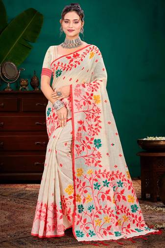 Sangam prints red cotton blend woven work traditional saree