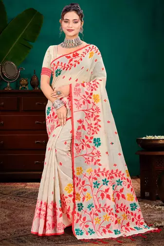 Sangam prints red cotton blend woven work traditional saree