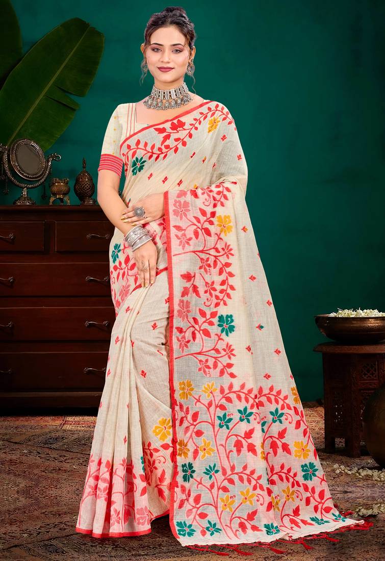 Sangam prints red cotton blend woven work traditional saree