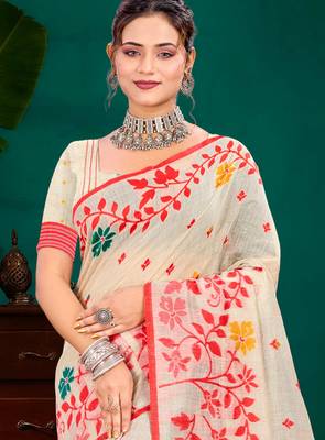 Sangam prints red cotton blend woven work traditional saree 2