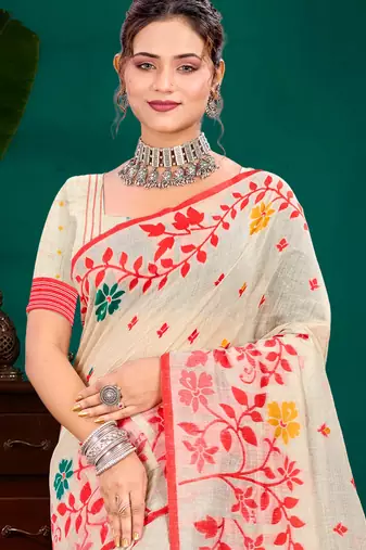 Sangam prints red cotton blend woven work traditional saree