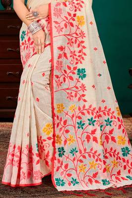 Sangam prints red cotton blend woven work traditional saree 3