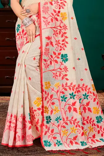 Sangam prints red cotton blend woven work traditional saree