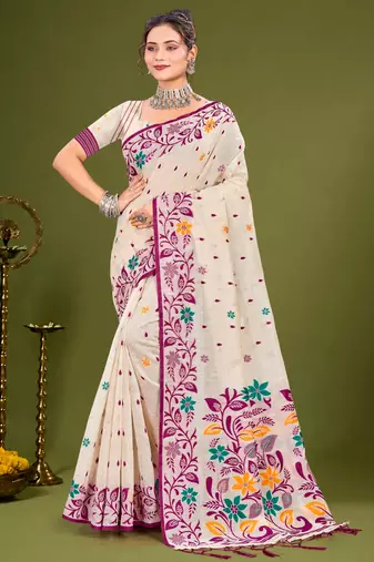 Sangam prints purple cotton blend woven work traditional saree