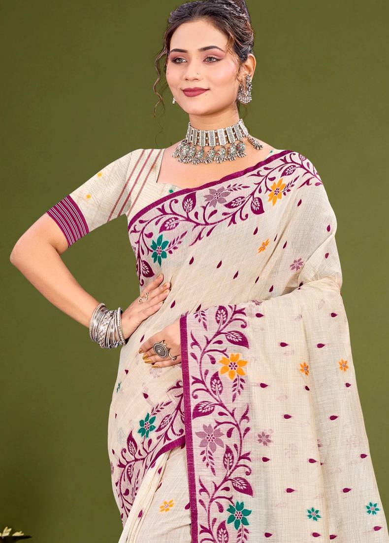 Sangam prints purple cotton blend woven work traditional saree