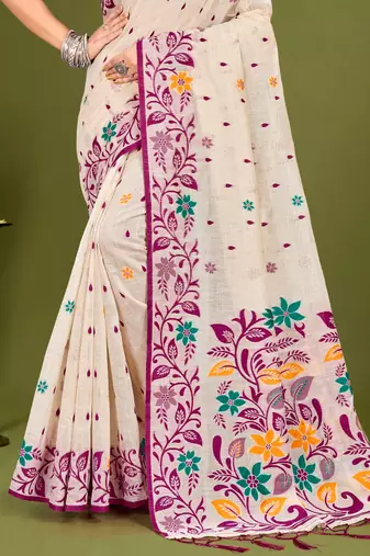 Sangam prints purple cotton blend woven work traditional saree