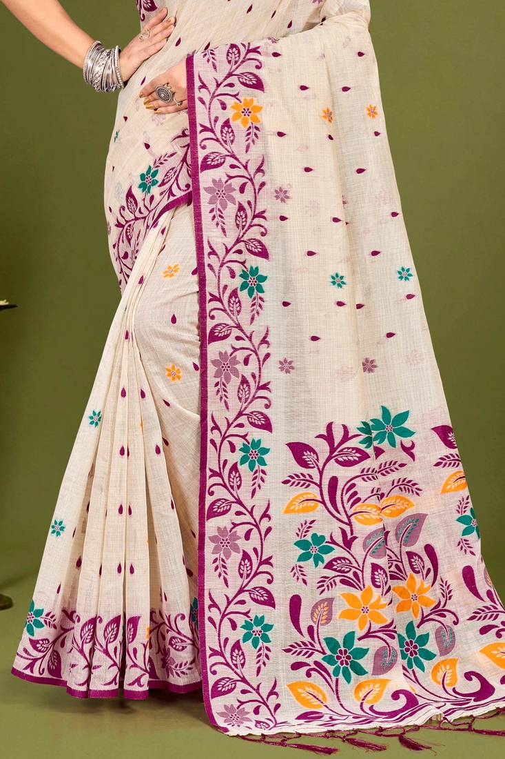 Sangam prints purple cotton blend woven work traditional saree