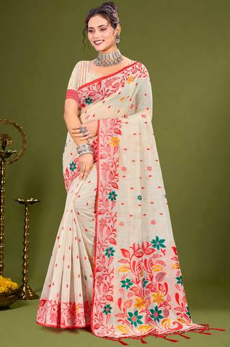 Sangam prints red cotton blend woven work traditional saree